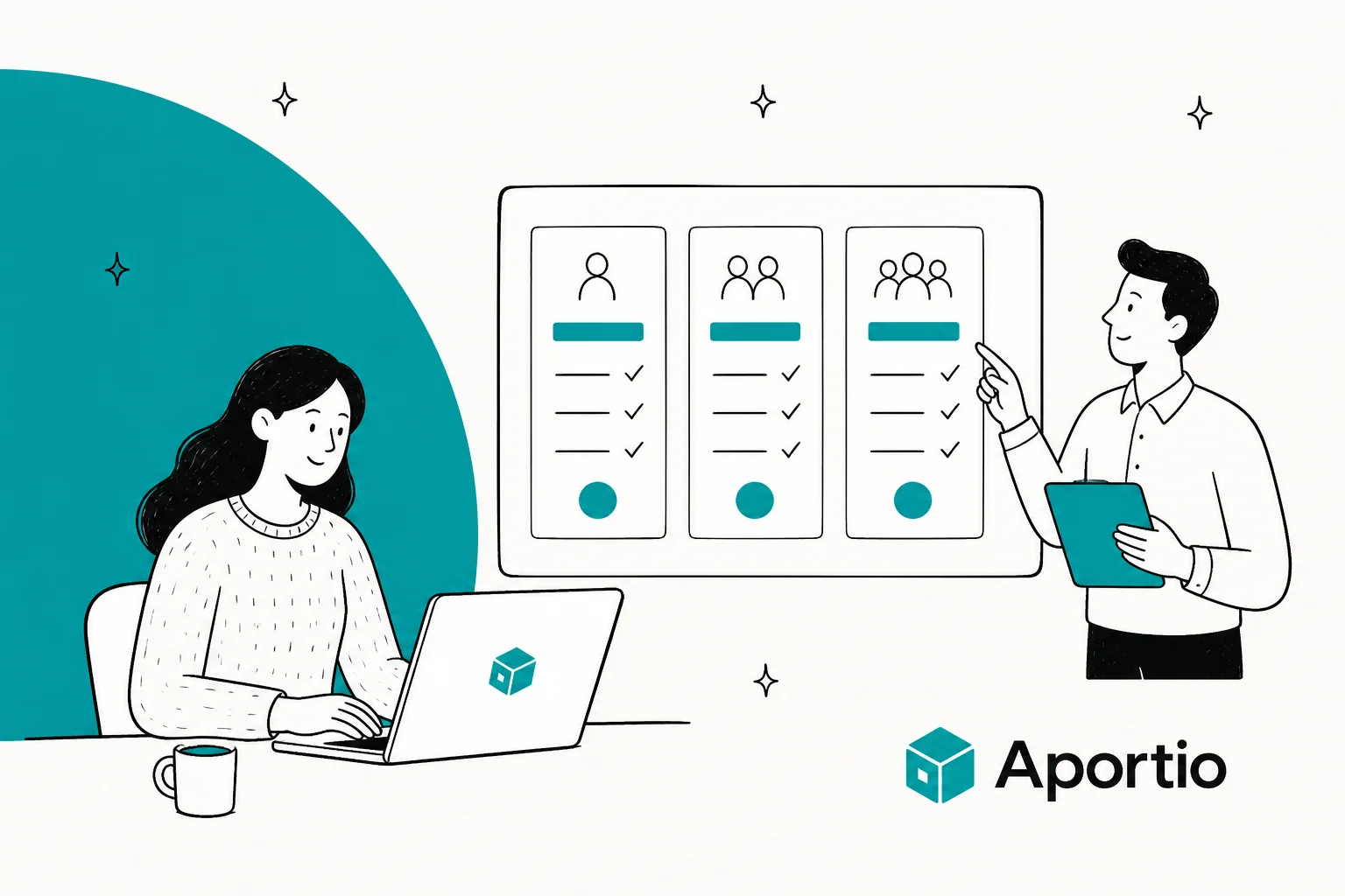 Illustration of three pricing-plan cards on a board with a person reviewing them, in Aportio teal