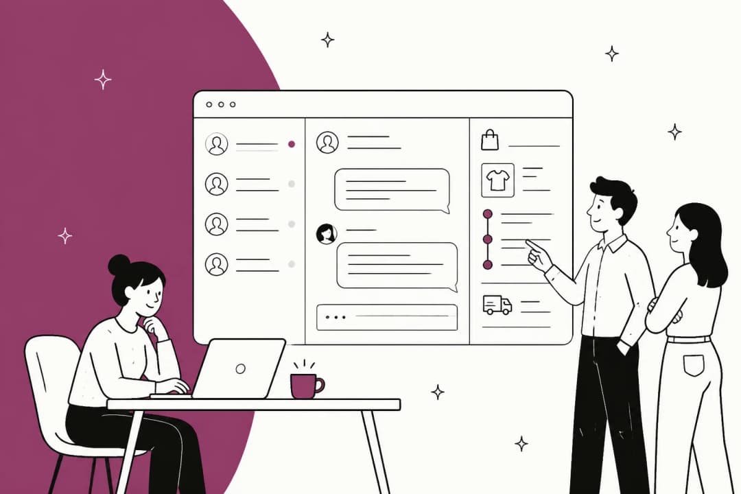 An illustrated support team reviewing a unified ecommerce help desk inbox with order and shipping details beside the conversation