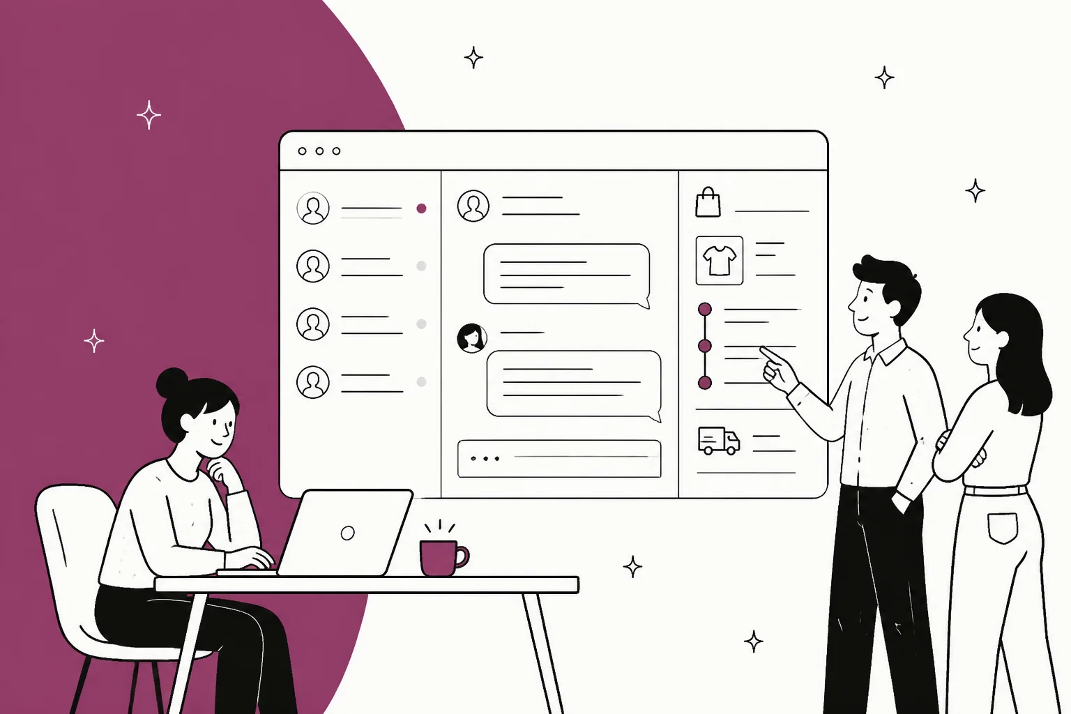An illustrated support team reviewing a unified ecommerce help desk inbox with order and shipping details beside the conversation