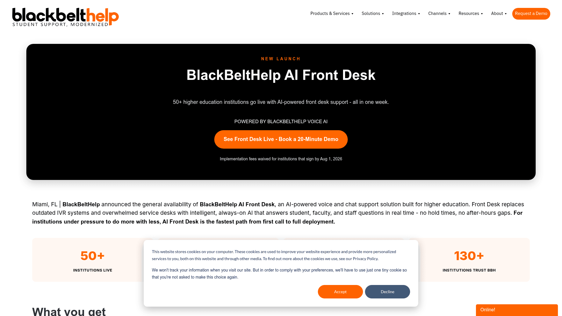 The BlackBeltHelp AI Front Desk product page showing 50-plus institutions live and a waived-implementation-fee offer, as shown on BlackBeltHelp