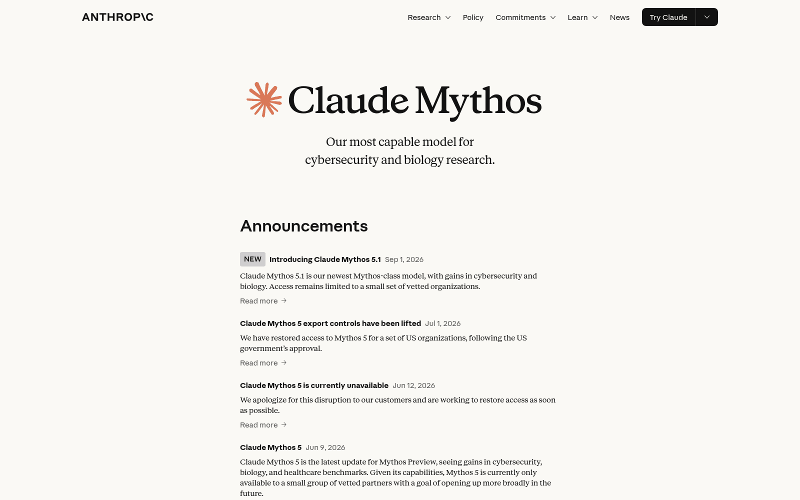 The Claude Mythos product page on Anthropic's site listing the September 1, 2026 Mythos 5.1 announcement, as taken from Anthropic