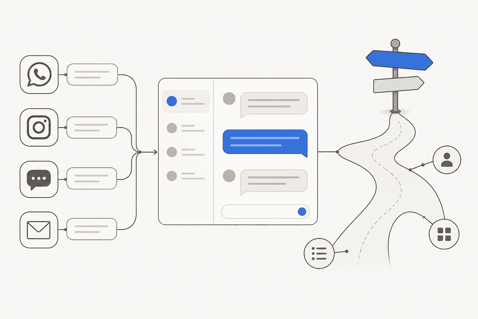 Illustration of an omnichannel messaging hub with a signpost, representing choosing a Qiscus alternative