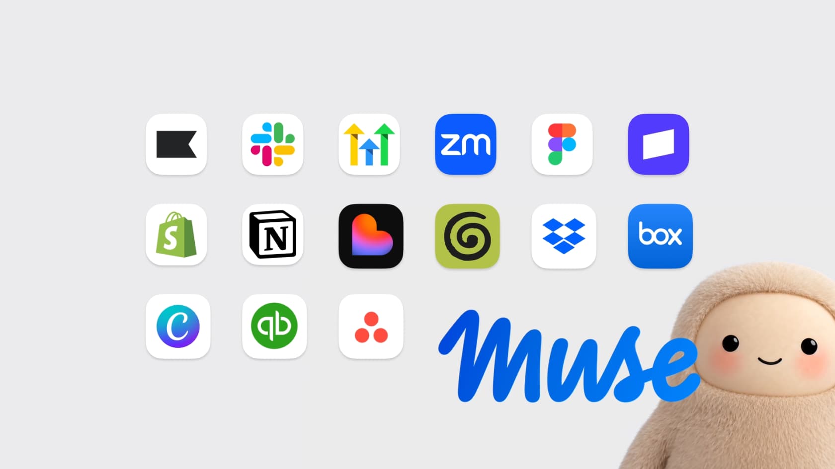 Grille de connecteurs de Muse for Small Business avec les icônes d'applications Shopify, Slack, Notion, Dropbox, Box, Canva, QuickBooks et d'autres à côté du logotype Muse, pris sur Meta