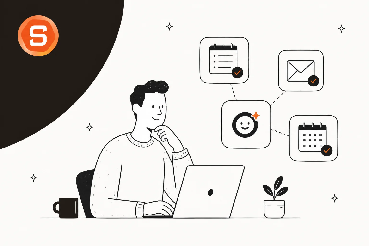 Line illustration of a person at a laptop with email, calendar and task cards connected around them, in Saner.AI orange