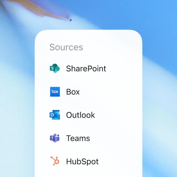 A ChatGPT source menu listing connectors including SharePoint, Box, Outlook, Teams and HubSpot, as taken from OpenAI