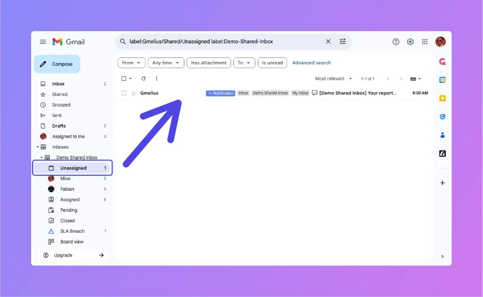 Gmelius shared inbox views rendered inside the Gmail left sidebar with Unassigned, Mine, Assigned, Pending, Closed and Board view