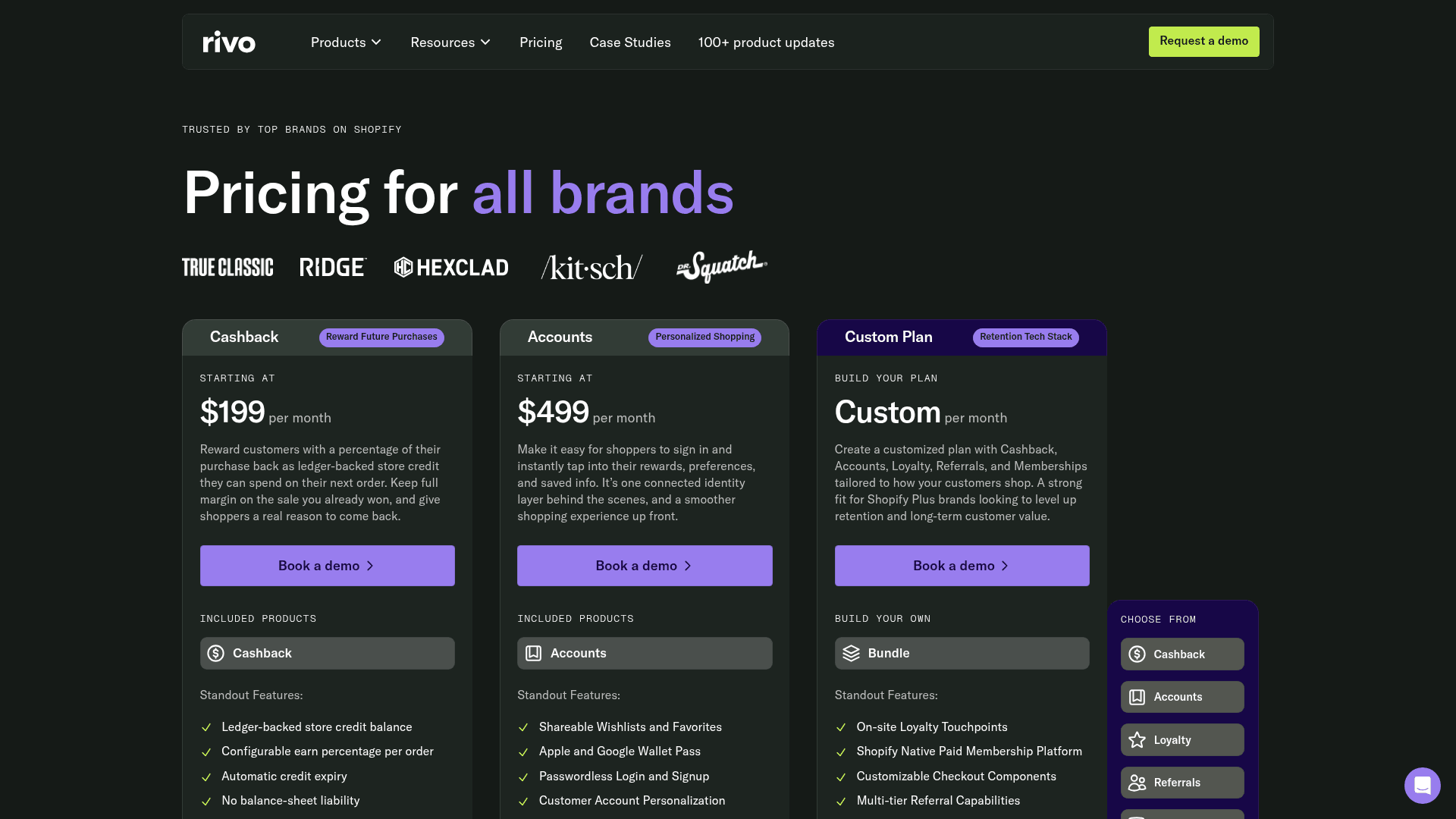The Rivo pricing page showing Scale, Plus and Enterprise plans alongside Cashback and Accounts products