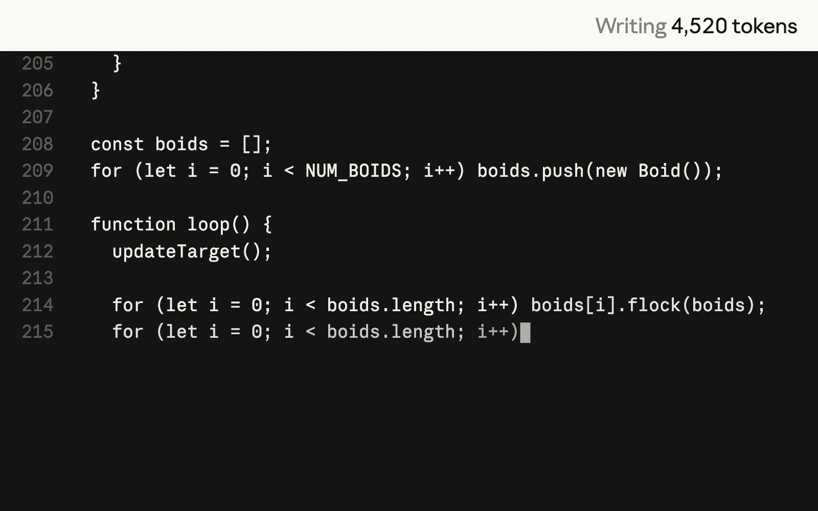 Sonnet 5 still writing JavaScript for a starling murmuration at 4,520 output tokens, as taken from Anthropic's Sonnet 5.5 announcement