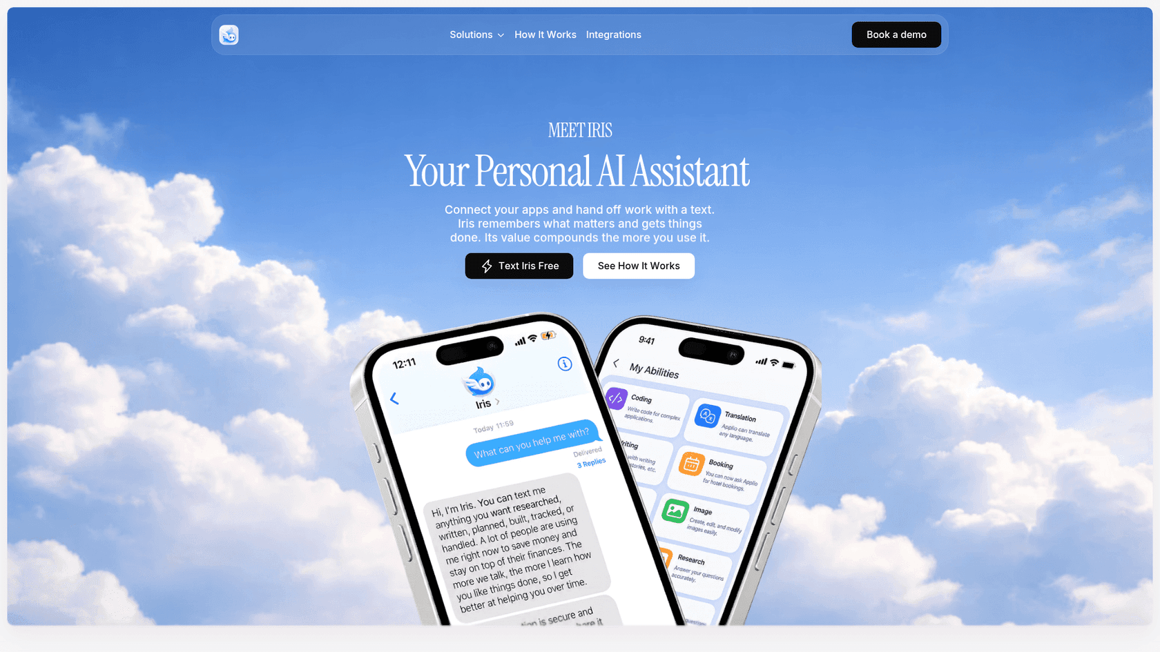 Iris personal assistant page with the headline "Your Personal AI Assistant", a "Text Iris Free" button and two iPhone mockups showing an iMessage chat and a list of abilities, as taken from Iris