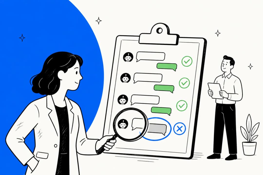 Hand-drawn illustration of a support lead holding a magnifying glass over a clipboard of chat replies, three marked correct and one wrong answer circled