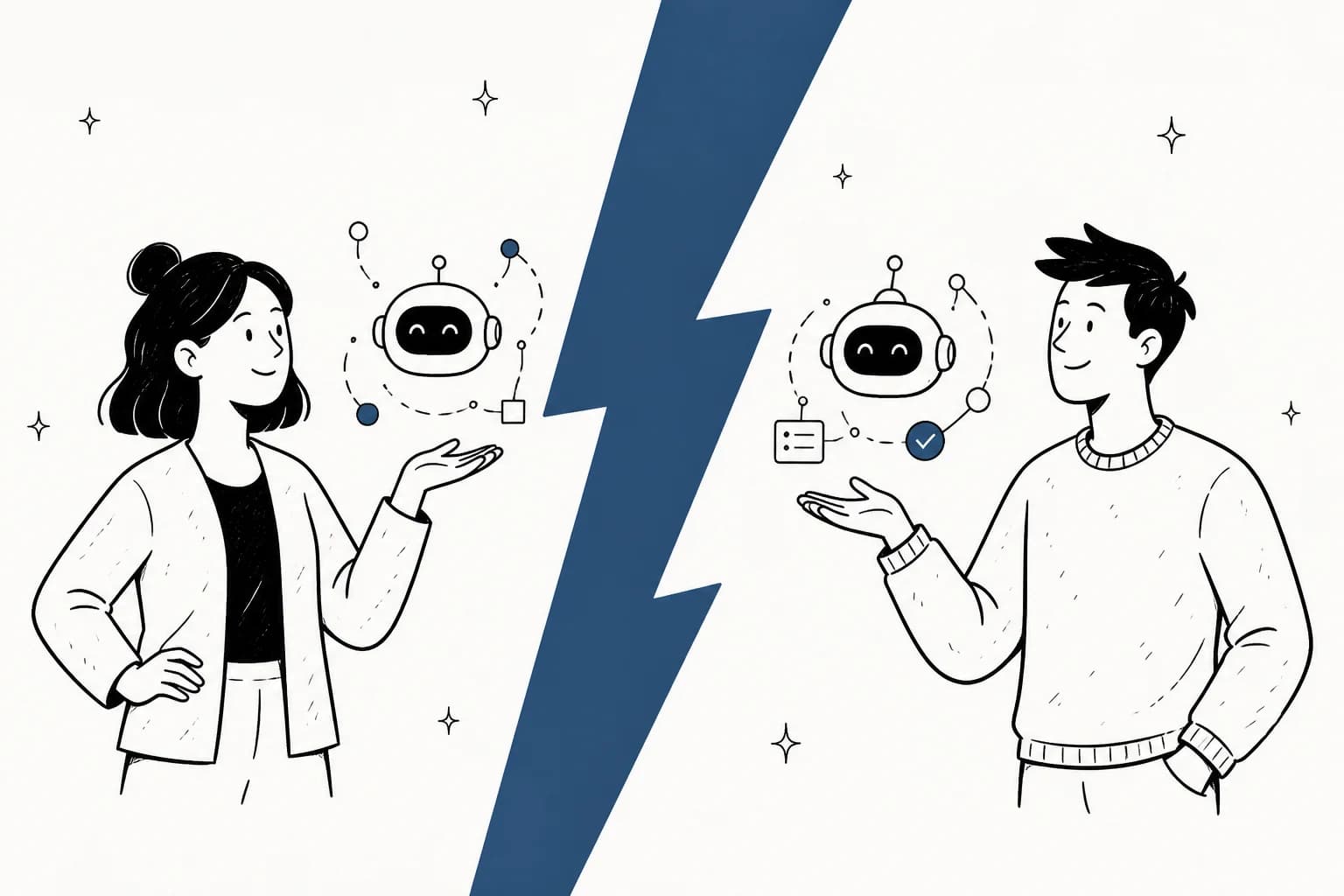 Two people each holding an autonomous AI agent, split by a slate-blue lightning bolt, in a Grok Bot vs Manus head-to-head.