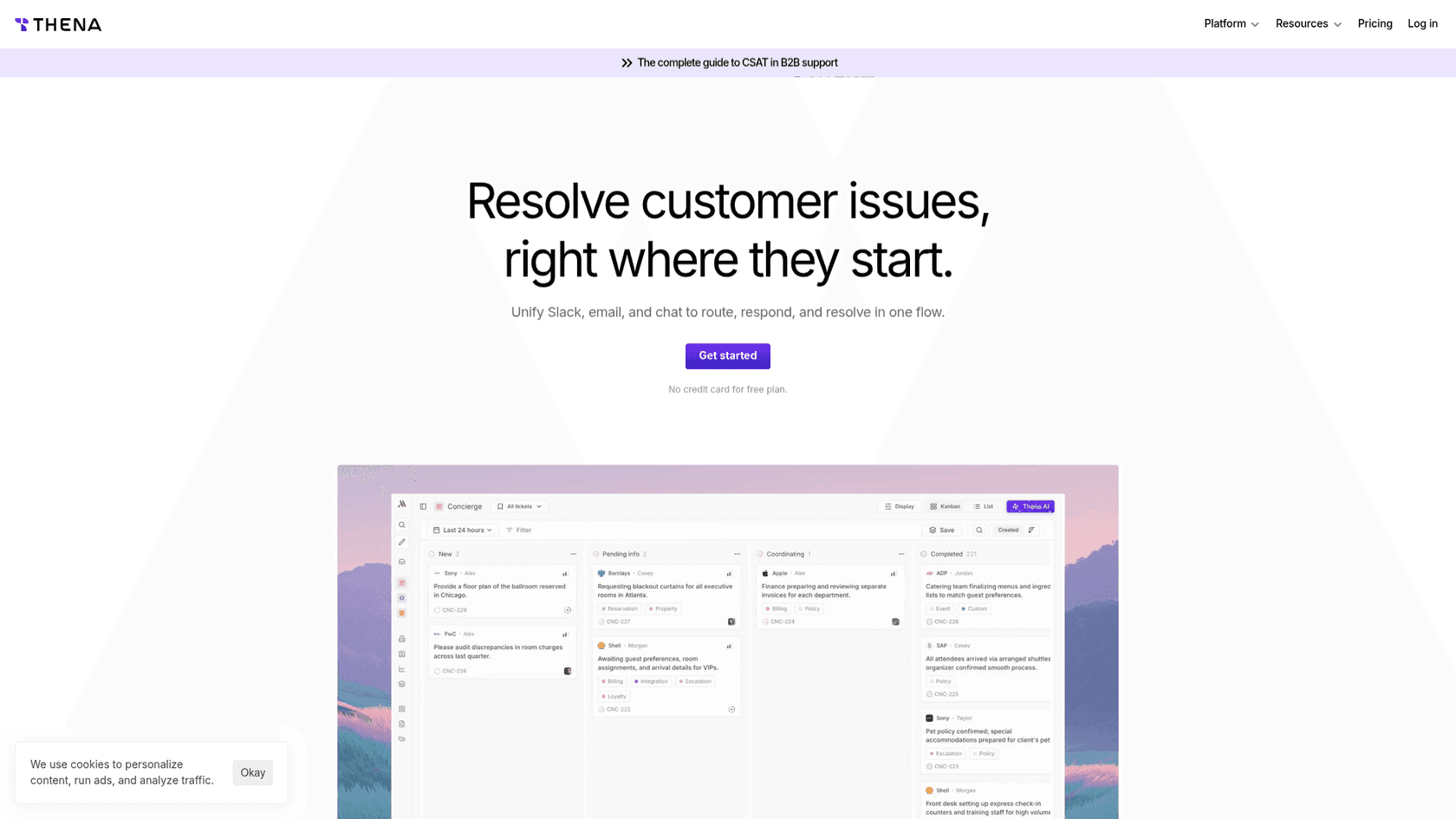 The Thena homepage, with its B2B support Kanban board of tickets across accounts, as taken from Thena