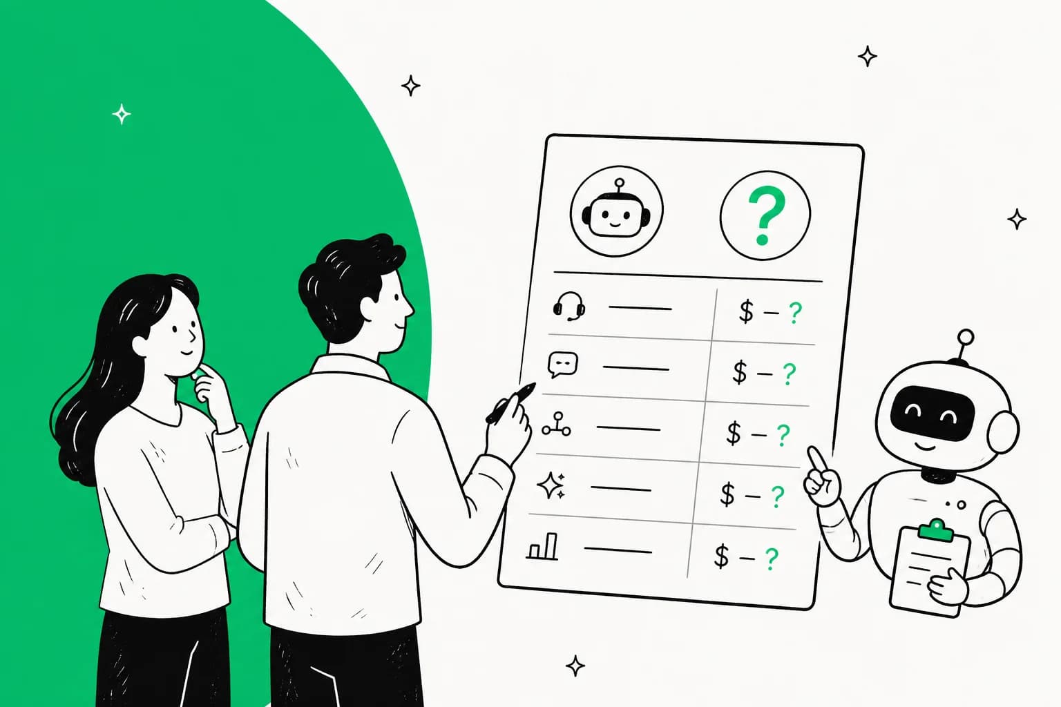 A price tag for an AI support platform with a question mark where the billing unit should be