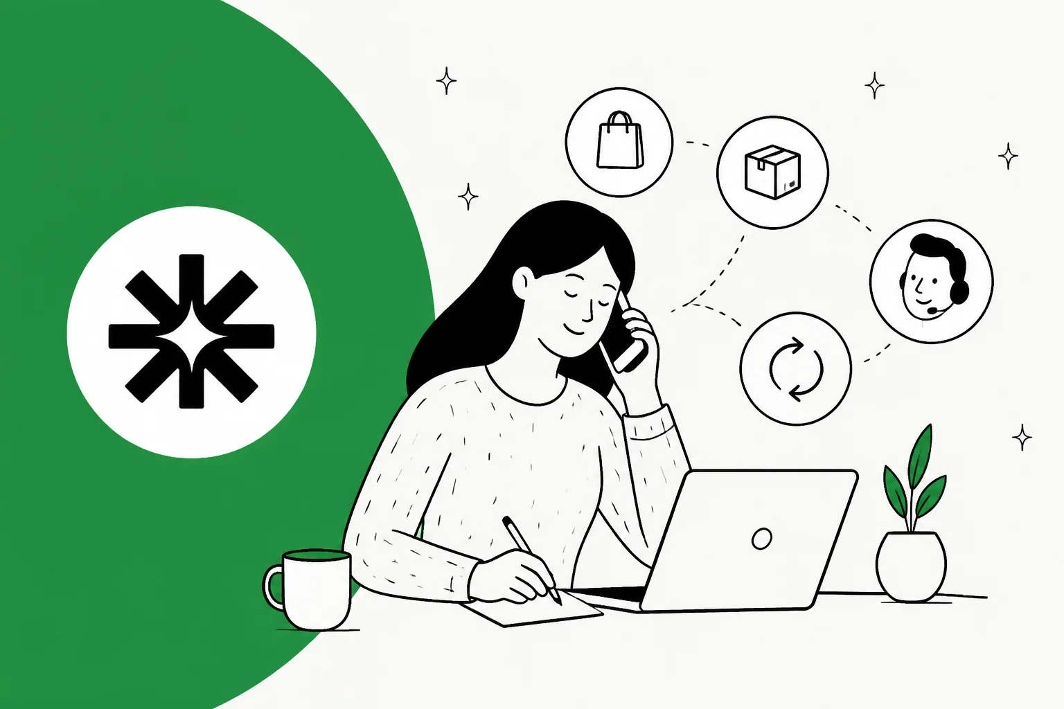 Illustration of a shopper on a phone call surrounded by order, parcel, return and support icons, with the Ringly mark on a green field