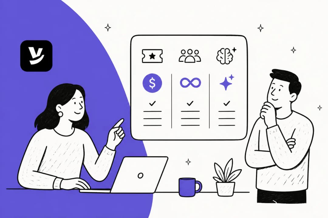 Illustration of two people reviewing a per-ticket pricing card, with the Helply mark on a purple background