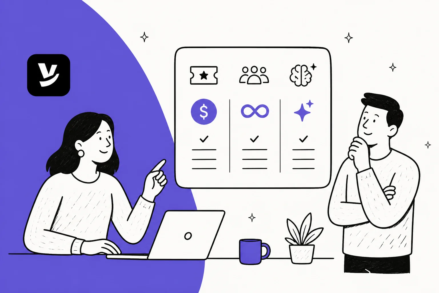 Illustration of two people reviewing a per-ticket pricing card, with the Helply mark on a purple background