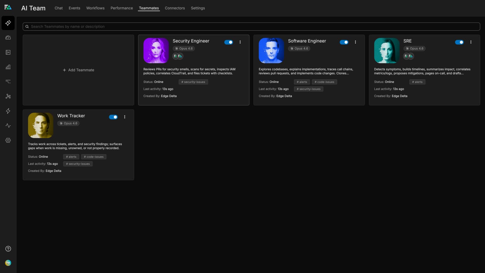 Edge Delta AI Team teammates tab showing Security Engineer, Software Engineer, SRE and Work Tracker each badged with their assigned model, as taken from Edge Delta docs