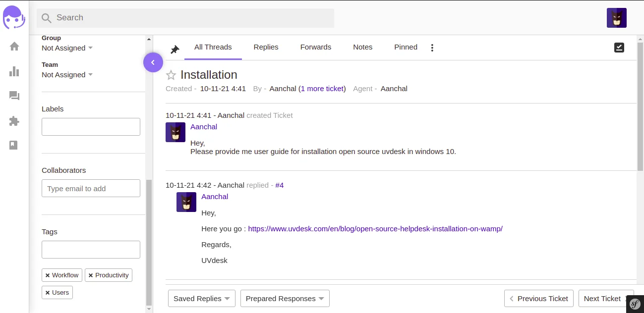 UVdesk agent ticket view with All Threads, Replies, Forwards and Notes tabs, a threaded conversation, and a left panel for group, team, labels, collaborators and tags, as taken from UVdesk