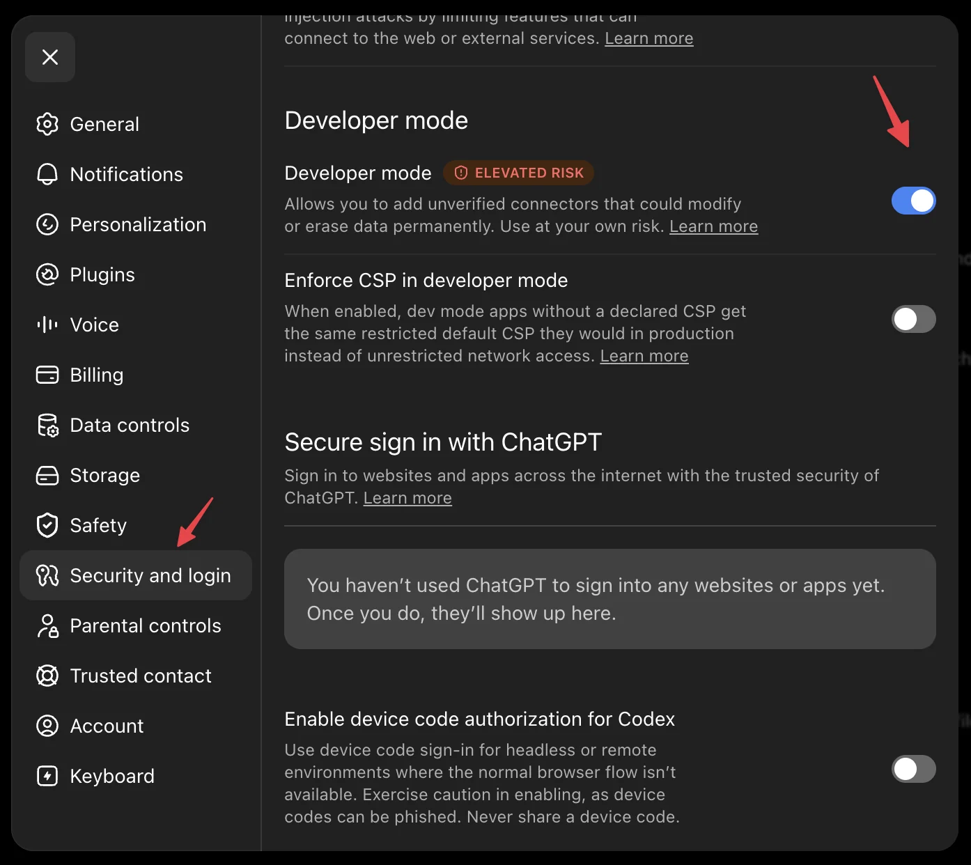 ChatGPT settings showing the Developer mode toggle marked ELEVATED RISK, as taken from the Help Scout docs