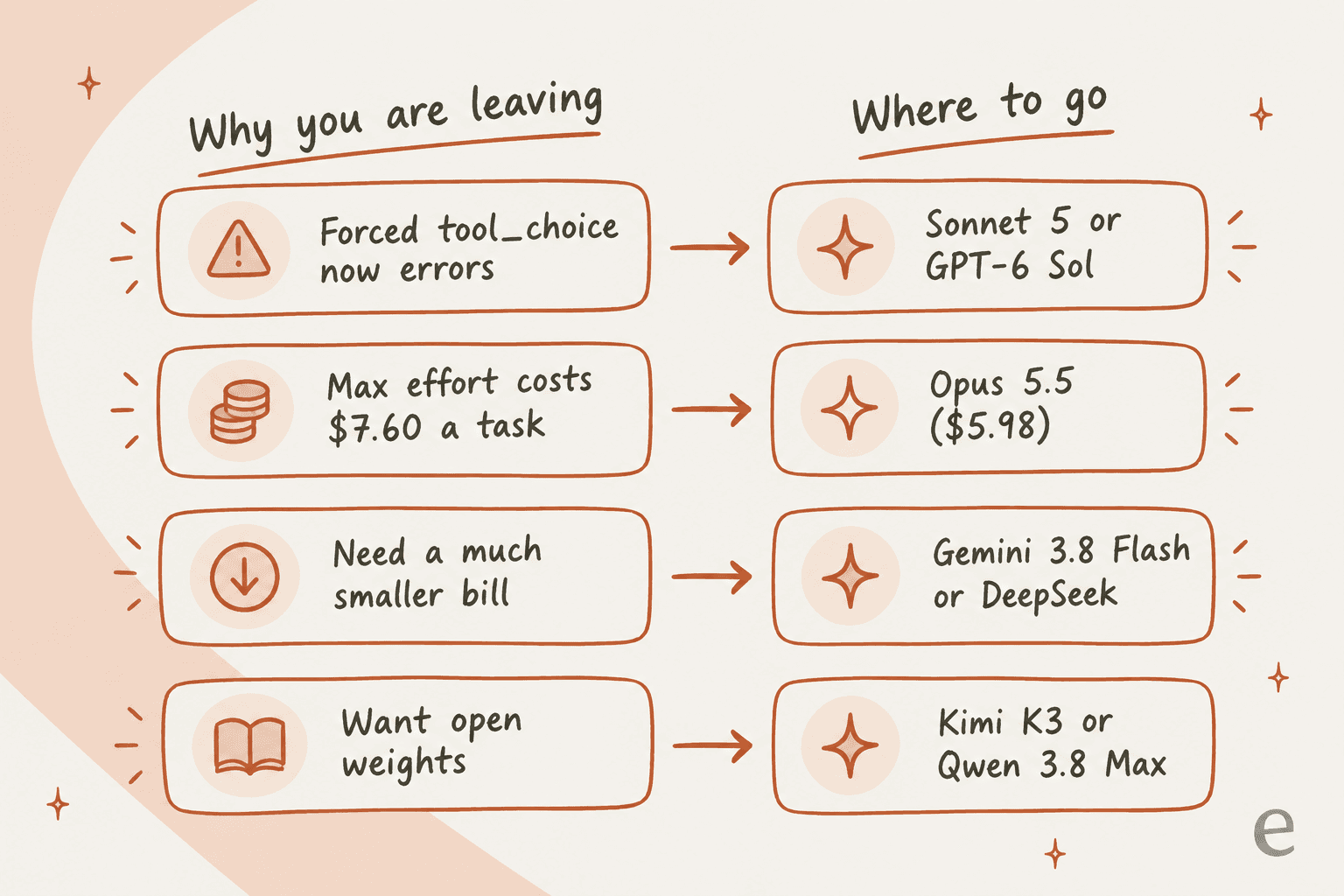 Hand-drawn map with four rows linking reasons for leaving Claude Sonnet 5.5 to where to go: forced tool_choice now errors goes to Sonnet 5 or GPT-6 Sol, max effort costing $7.60 a task goes to Opus 5.5 at $5.98, needing a much smaller bill goes to Gemini 3.8 Flash or DeepSeek, and wanting open weights goes to Kimi K3 or Qwen 3.8 Max