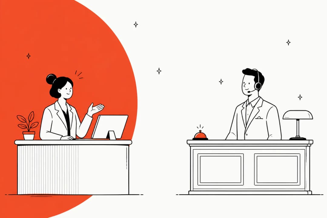 Two contrasting AI customer support concierge desks, one modern and one classic, representing a Lorikeet vs Sierra comparison