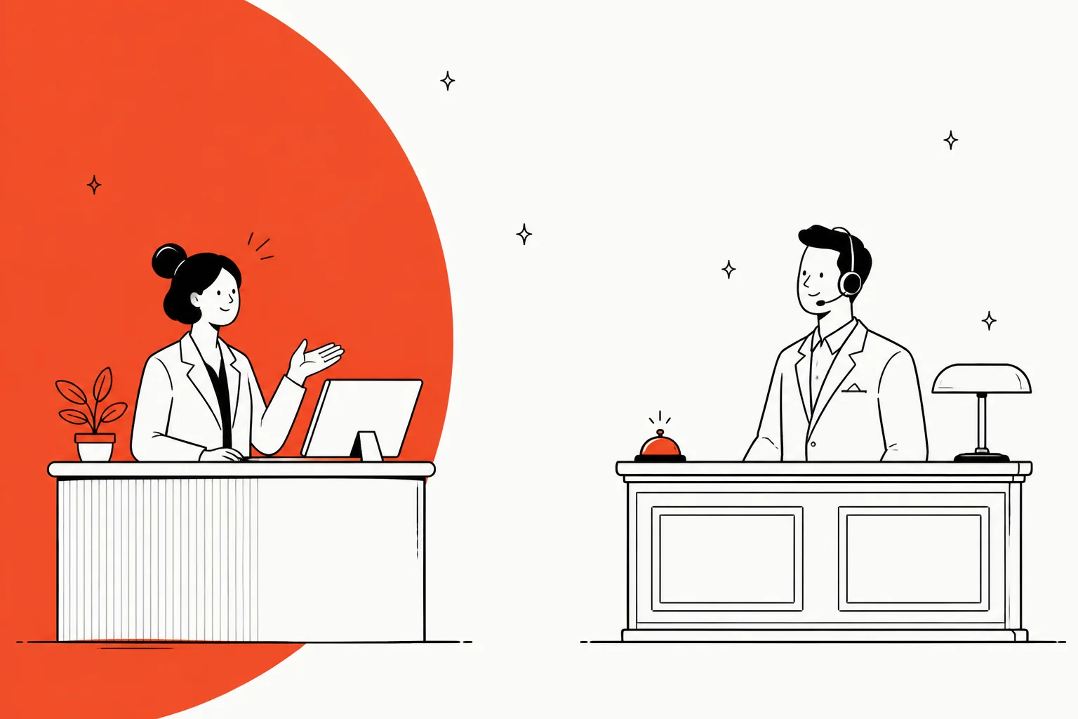 Two contrasting AI customer support concierge desks, one modern and one classic, representing a Lorikeet vs Sierra comparison