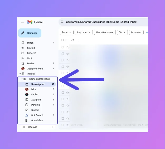 The Gmelius shared inbox views nested in the Gmail sidebar, showing Unassigned, Mine, Assigned, Pending, Closed and SLA Breach, as taken from the Gmelius help center