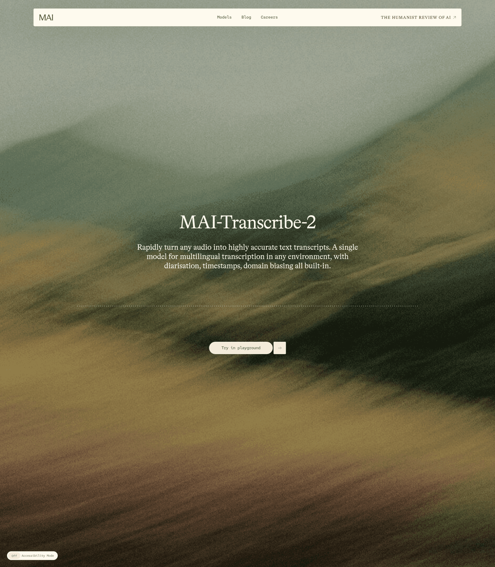 La página de MAI-Transcribe-2 en Microsoft AI, que describe un único modelo de transcripción multilingüe, tomada de Microsoft AI