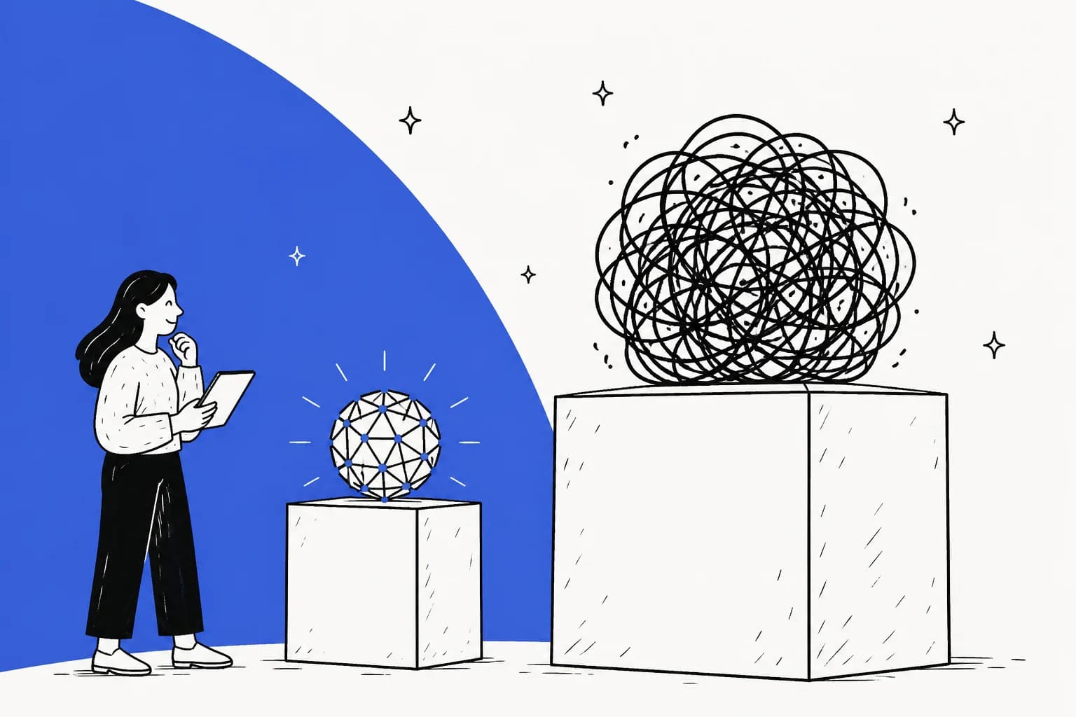 Illustration comparing a small ordered model core against a much larger tangled one, for an Inkling-Small review