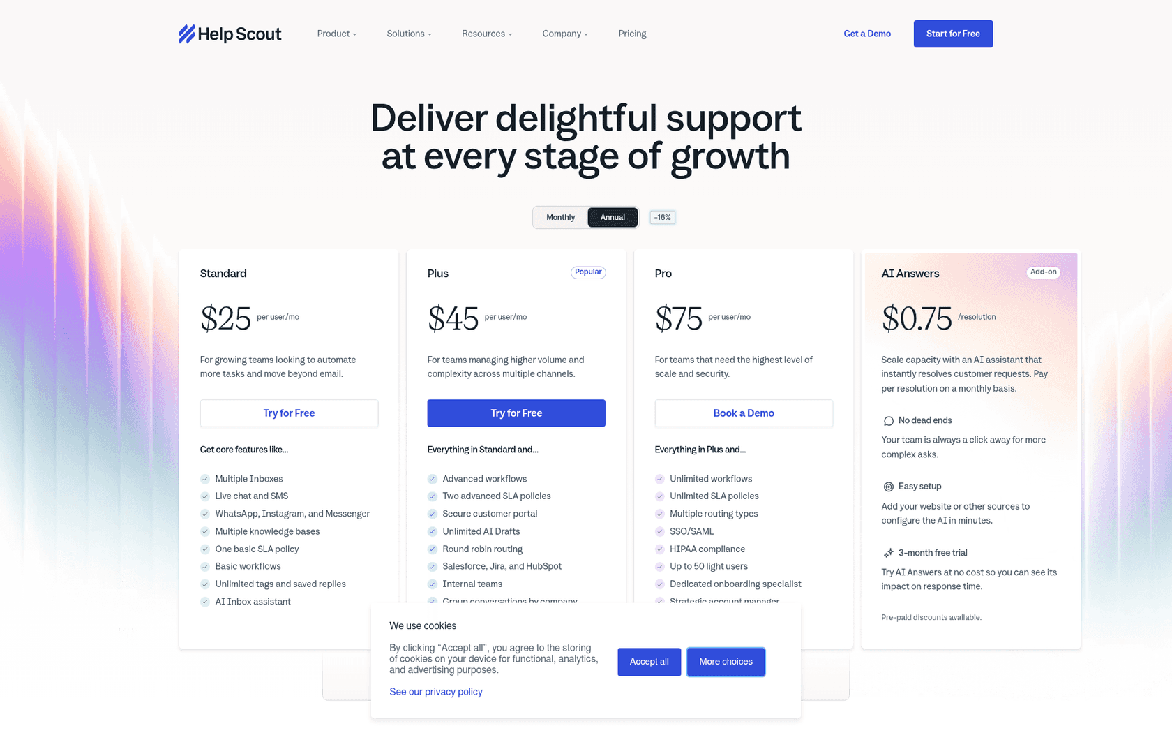 Help Scout's pricing page showing the Standard, Plus, Pro, and AI Answers plans, as taken from Help Scout.