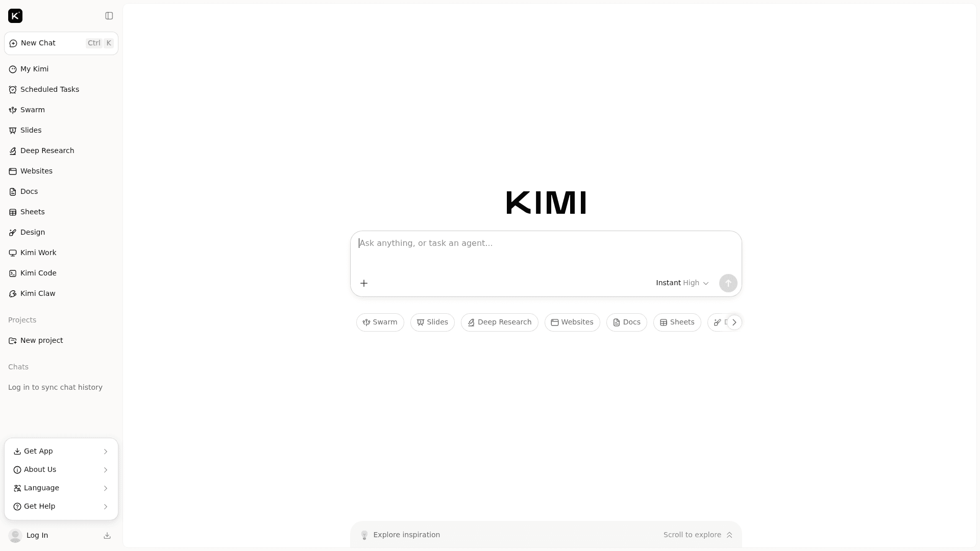 Kimi's chat interface showing its agent, research and document tools in the left rail