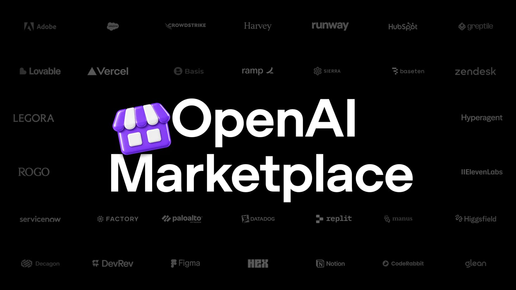 OpenAI Marketplace launch graphic with the storefront icon surrounded by partner logos including Zendesk, Sierra, Decagon, HubSpot and ServiceNow, as taken from OpenAI