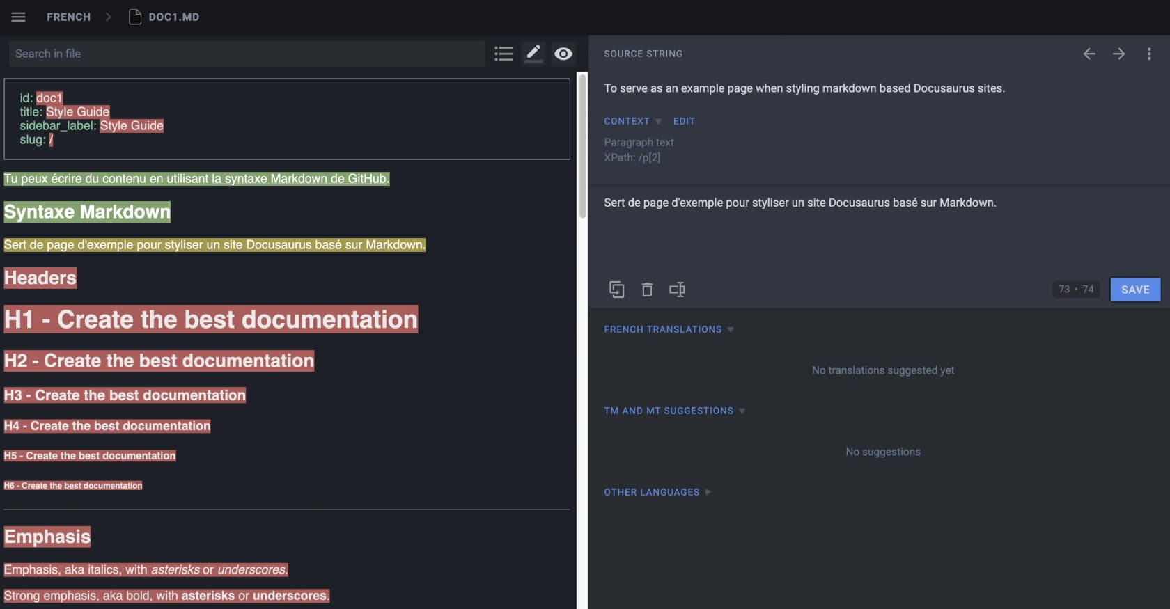 The Crowdin editor translating a Docusaurus doc1.md file into French, with the source string and translation panes side by side, as taken from Docusaurus