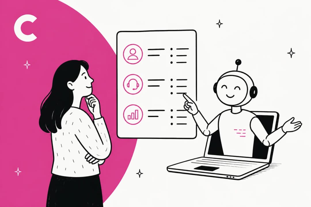 Hand-drawn illustration of a buyer reading a Capacity pricing sheet with an AI agent pointing at the rows