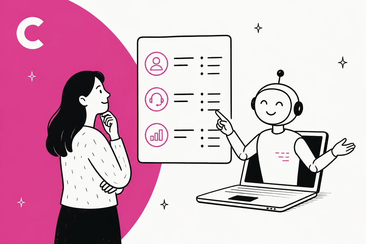 Hand-drawn illustration of a buyer reading a Capacity pricing sheet with an AI agent pointing at the rows