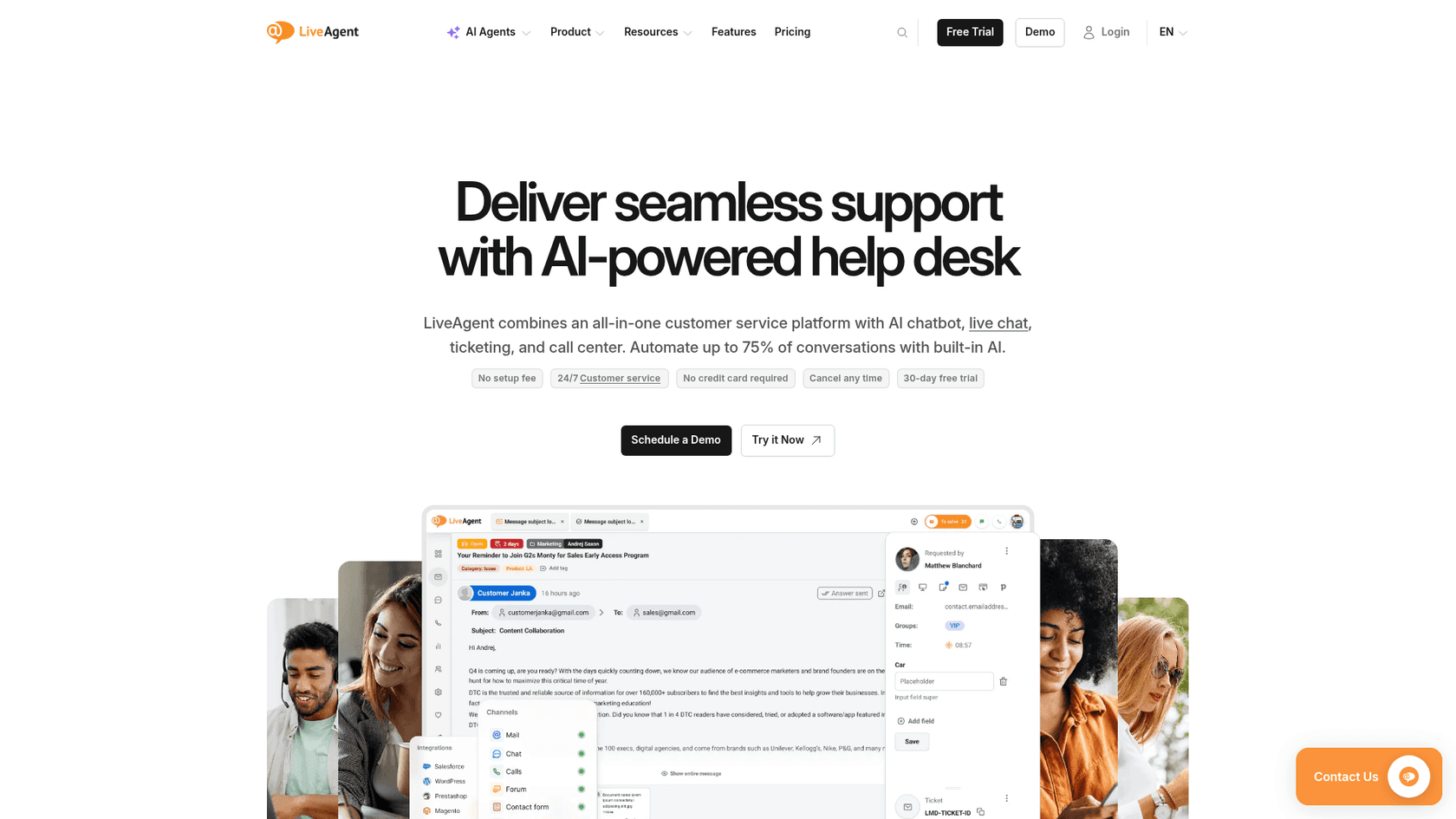 A screenshot of the LiveAgent homepage, introducing the AI-powered help desk platform