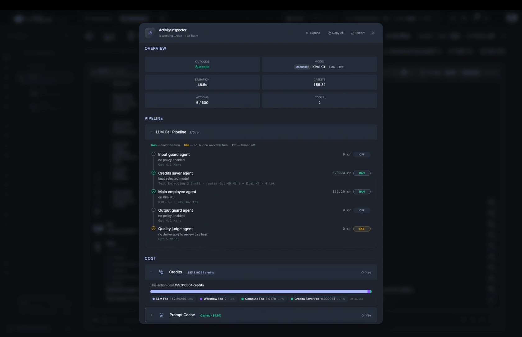 Sistava's Activity Inspector: one action, 155.31 credits, with the input and output guard agents shipping switched off, as taken from Sistava