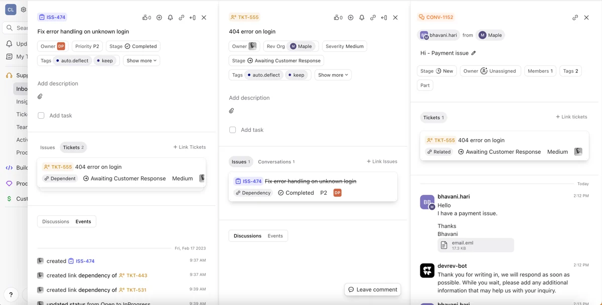 DevRev's linked-record view: an engineering issue (ISS-474), a support ticket (TKT-555) for a 404 error on login, and the customer conversation it came from, side by side with auto.deflect tags, as taken from G2's DevRev listing