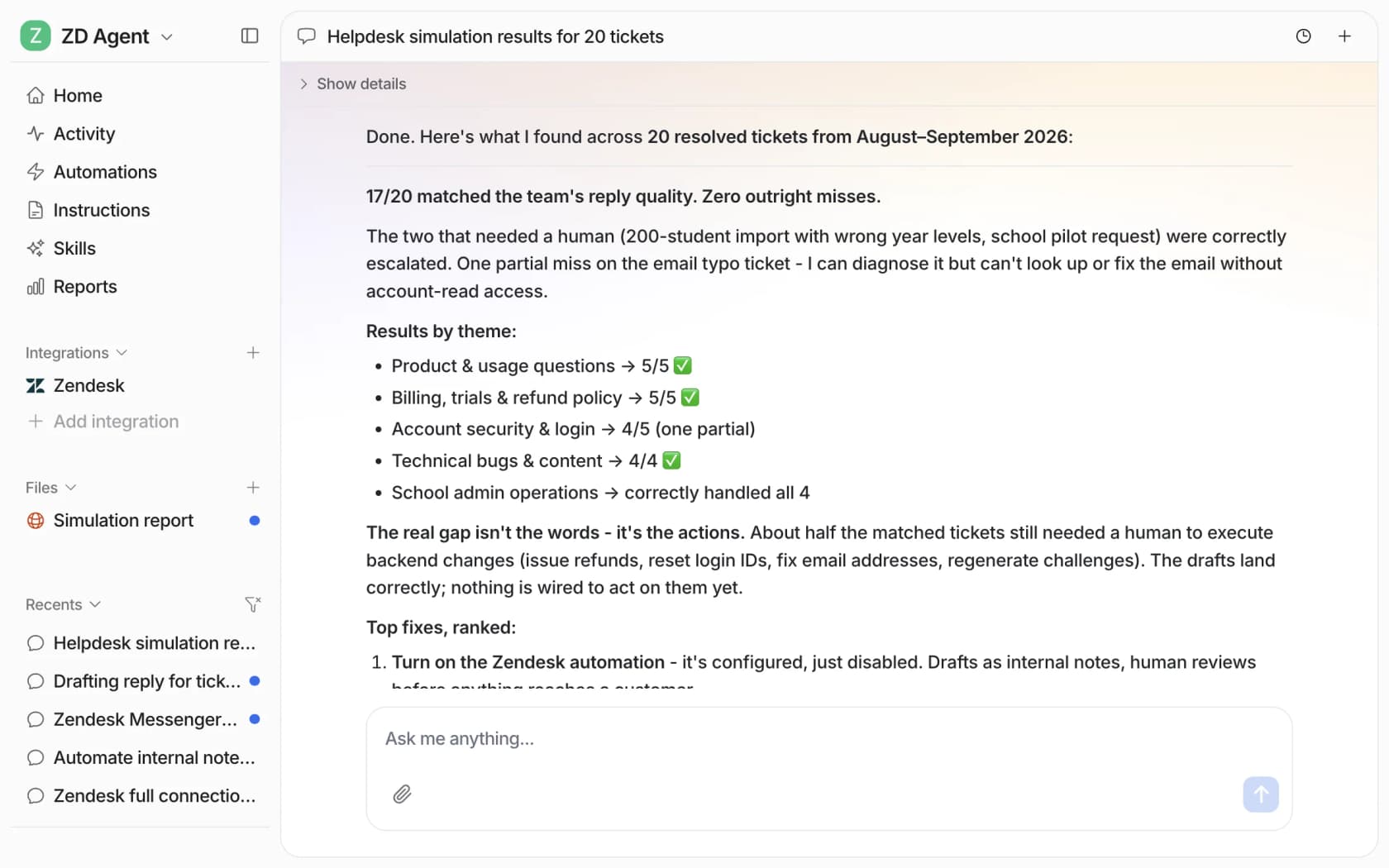 eesel Helpdesk simulation results for 20 resolved Zendesk tickets: 17 of 20 matched the team's reply quality, with scores by theme and ranked fixes, as shown in the eesel docs
