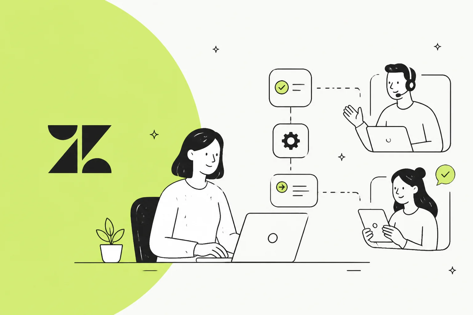 Illustration of Zendesk's rules engine: condition and action cards chaining through a settings step and routing out to a support agent and a customer