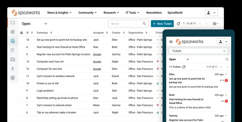 The Spiceworks Cloud Help Desk ticket queue with open tickets and the mobile view alongside it, as taken from Spiceworks