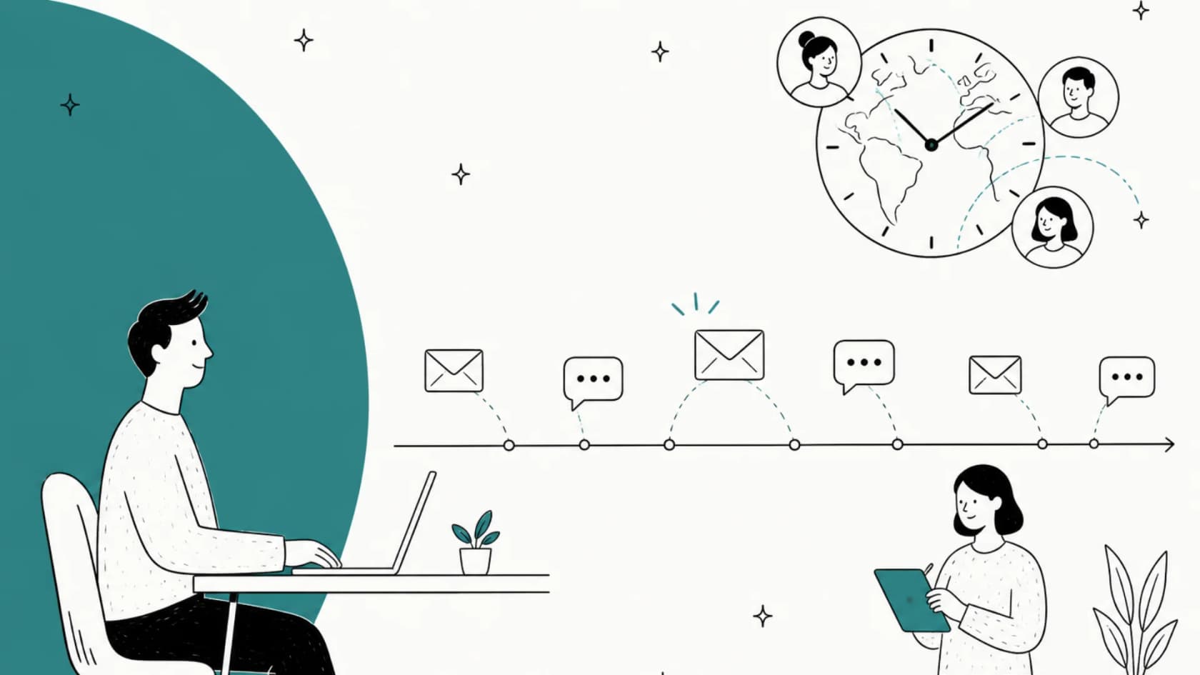 Hand-drawn illustration of a support agent at a laptop while emails and chat bubbles wait on a timeline and a world clock shows teammates in different time zones