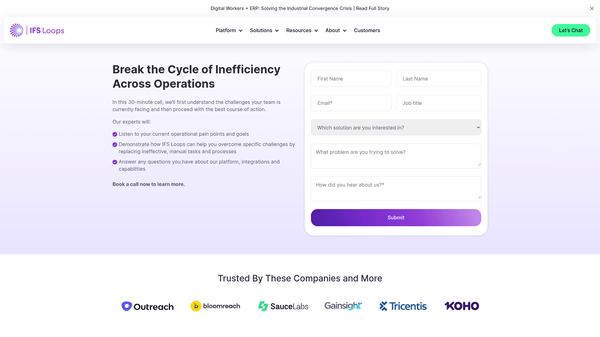 The IFS Loops demo request form, where every pricing path on the site ends up, as shown on theloops.io
