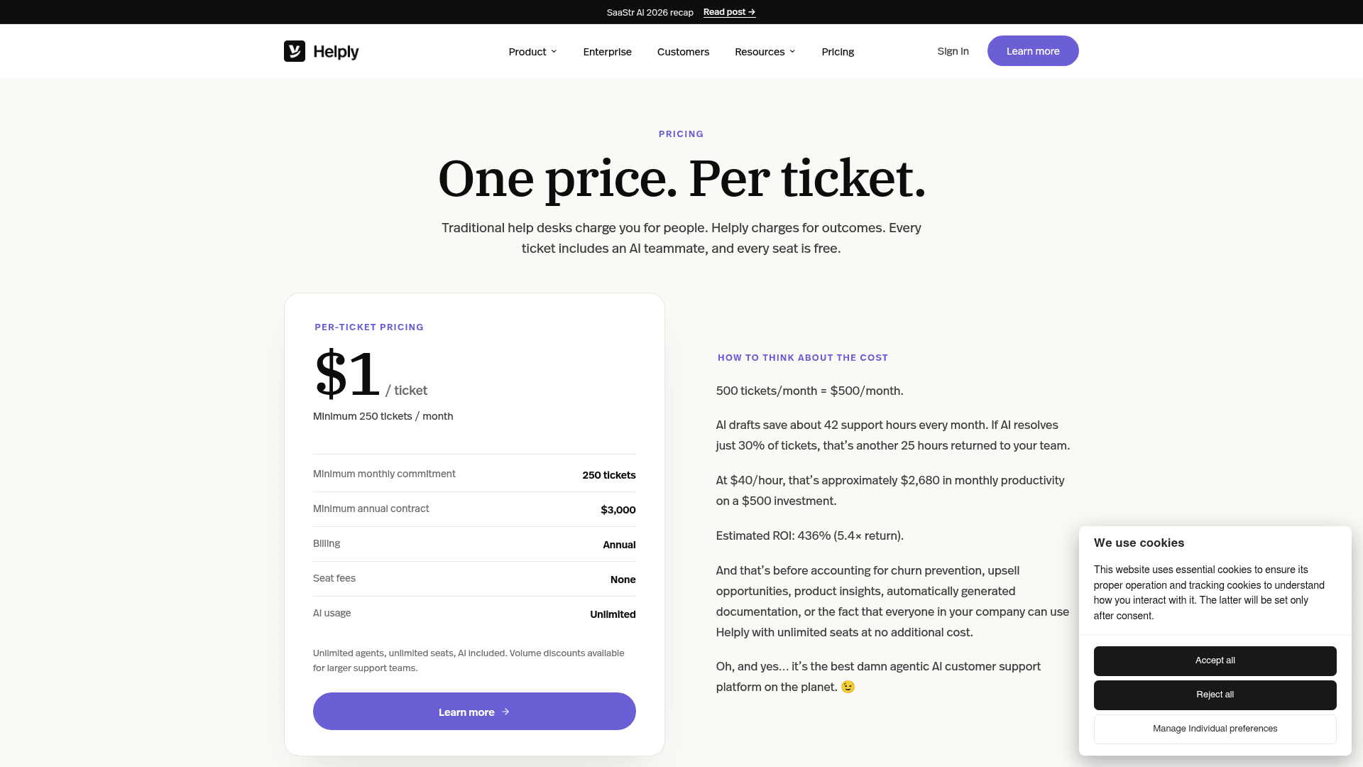 The Helply pricing page showing the $1 per ticket rate, the 250-ticket minimum and the $3,000 annual floor, as taken from Helply