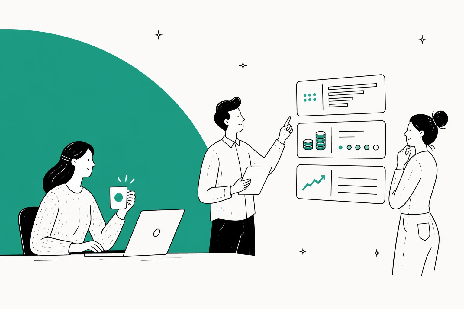 Illustration of a team reviewing token rate cards and cost tiers on a dashboard