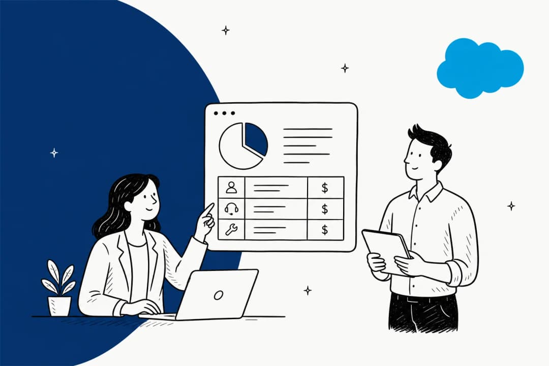 Illustrated hero banner for a Salesforce Service Cloud pricing breakdown