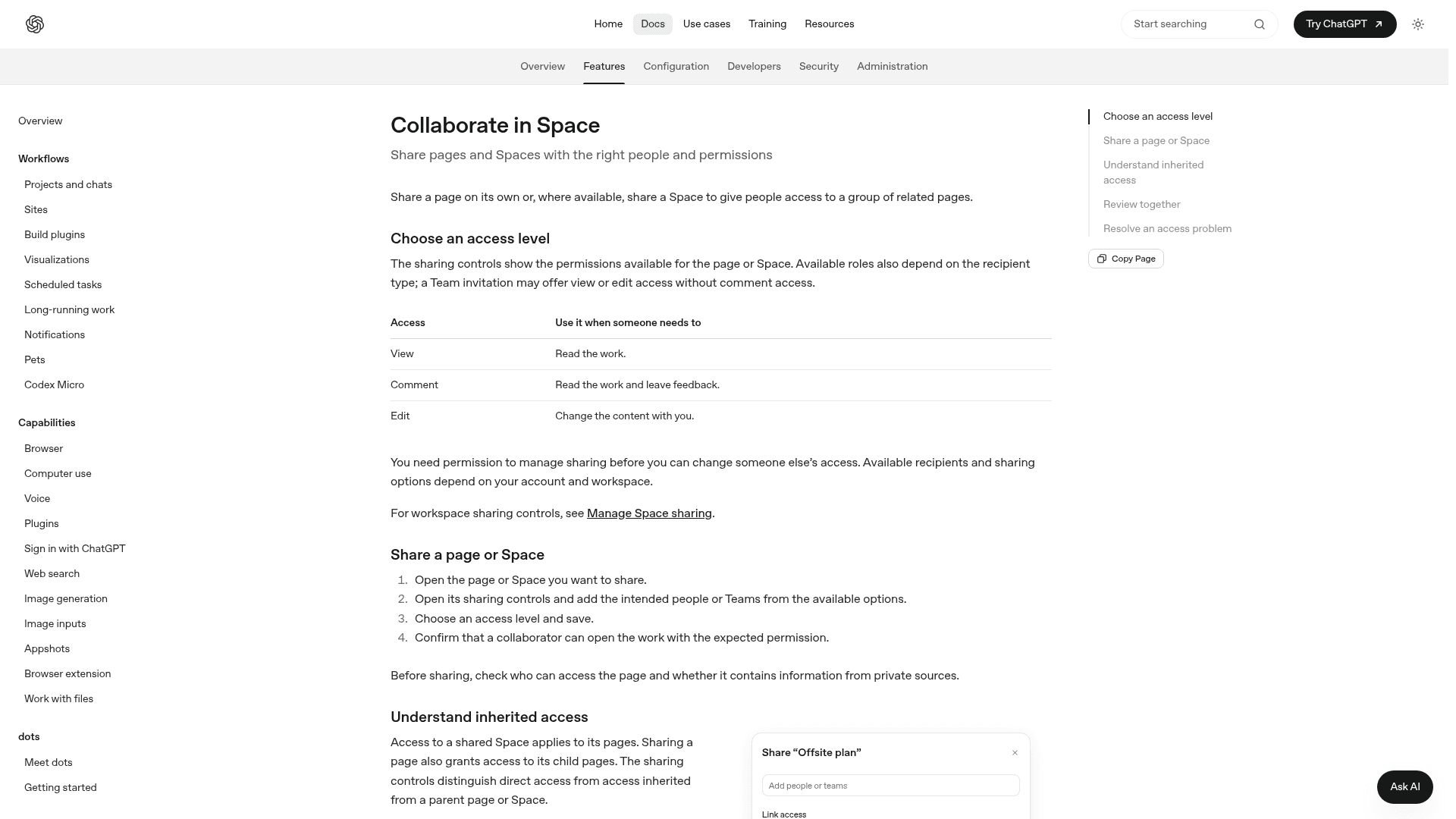 Collaborate in Space docs showing view, comment, and edit access levels and the inherited access section, as taken from OpenAI's collaboration guide