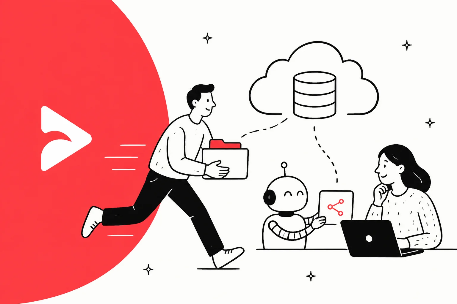 Hand-drawn illustration of a person carrying a folder toward a cloud drive while a small robot and a person at a laptop wait for the work to be done