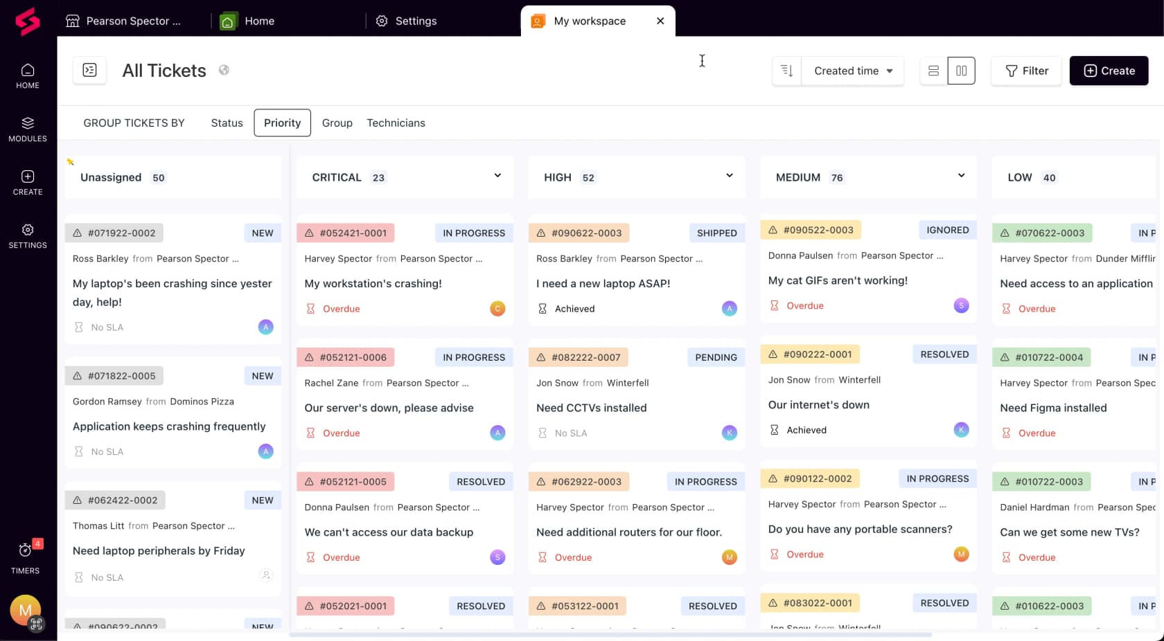 The SuperOps All Tickets kanban board grouped by priority, with Unassigned, Critical, High, Medium and Low columns and SLA Overdue or Achieved badges per card, as taken from SuperOps support