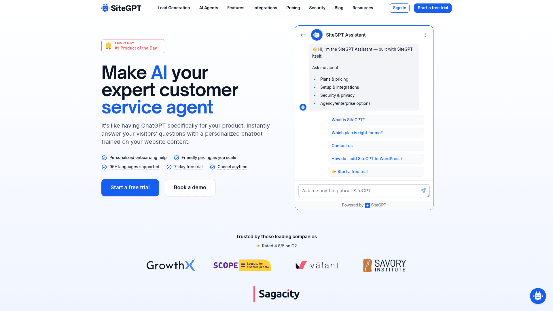 SiteGPT homepage with its customer service agent chat preview, as taken from SiteGPT